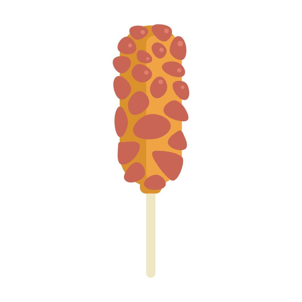 Korean corn dog covered in pieces of sausage on a stick vector