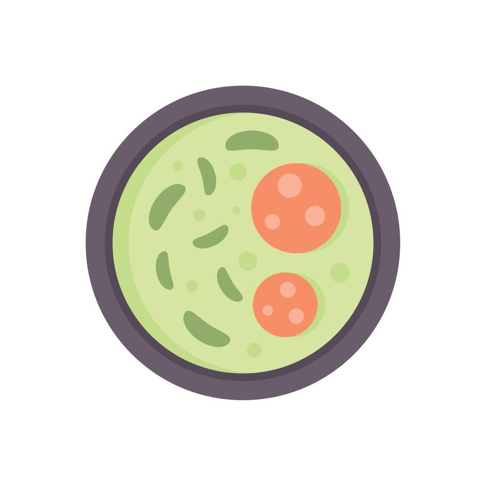 Green pea soup with slices of sausage in bowl top view vector illustration