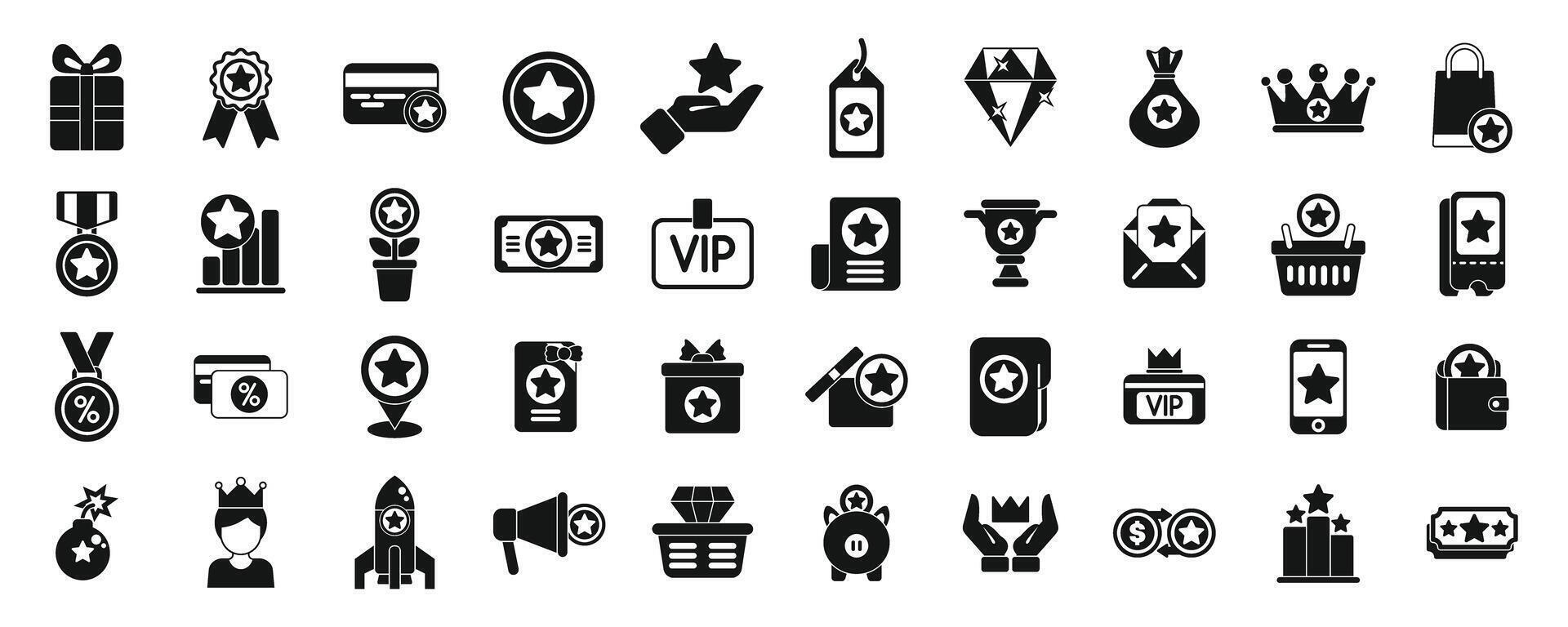 Exclusive benefits icons set. Vip rewards program offering exclusive perks and privileges vector
