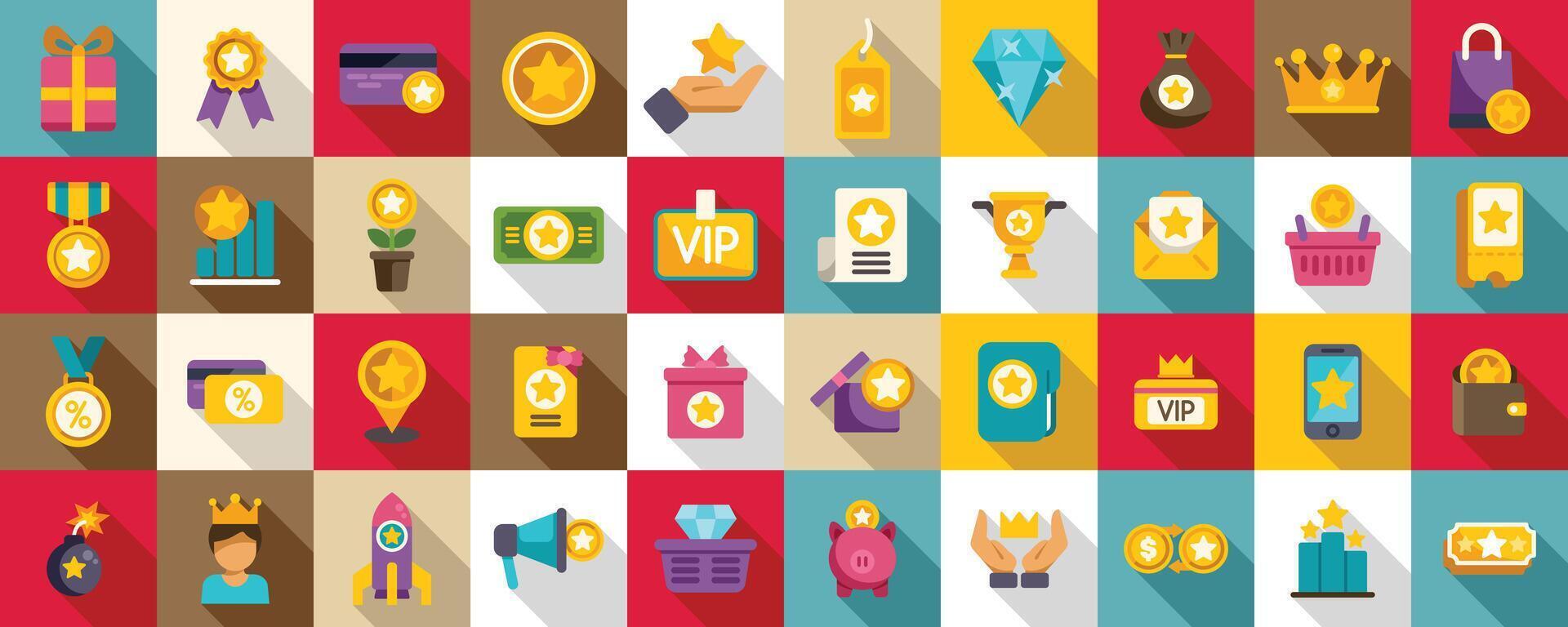 Exclusive benefits icons set. Loyalty program providing premium benefits and exclusive rewards to customers vector