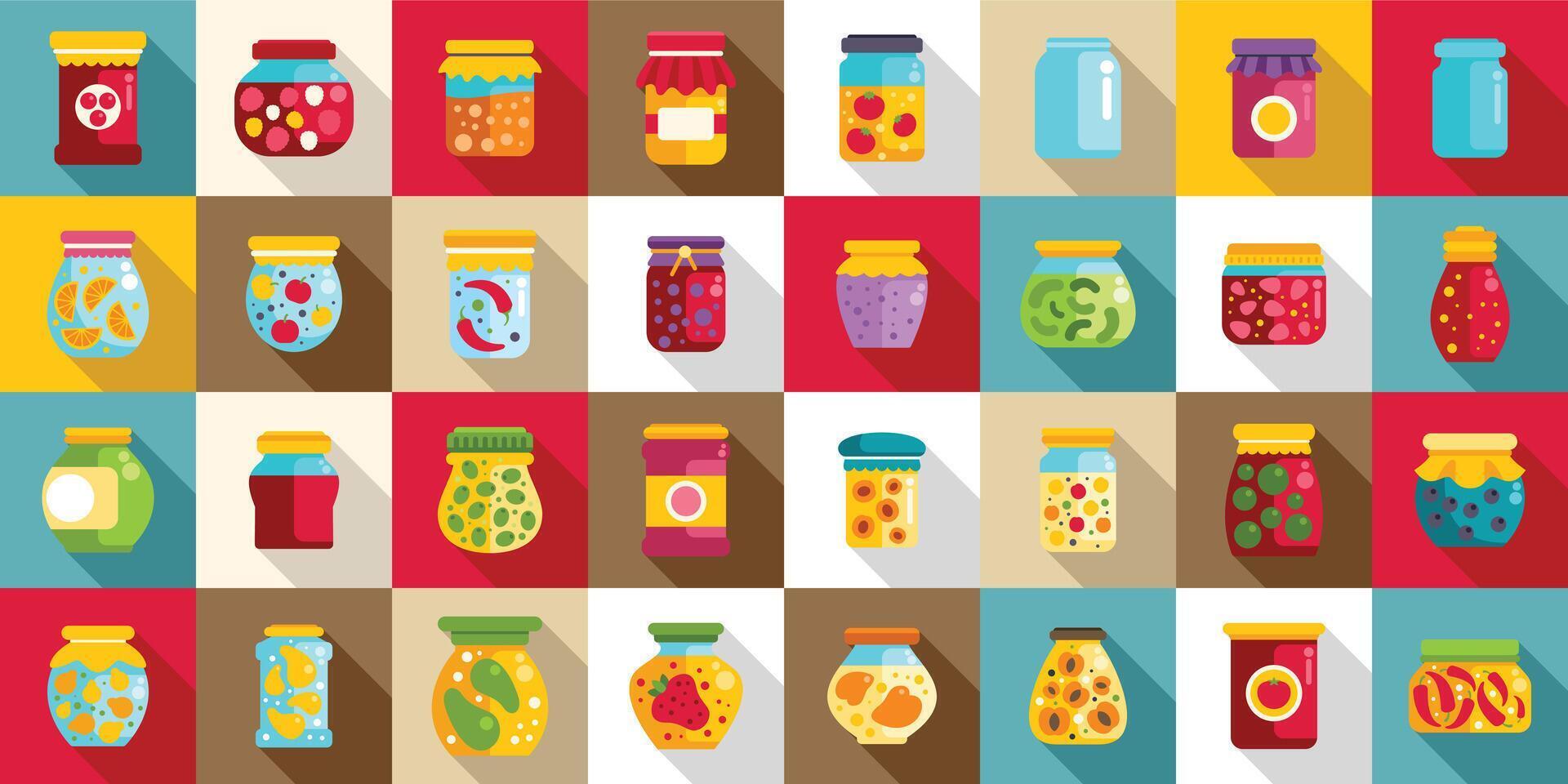 Pickled food jars icons set. Jars of preserved food representing different fruits and vegetables vector