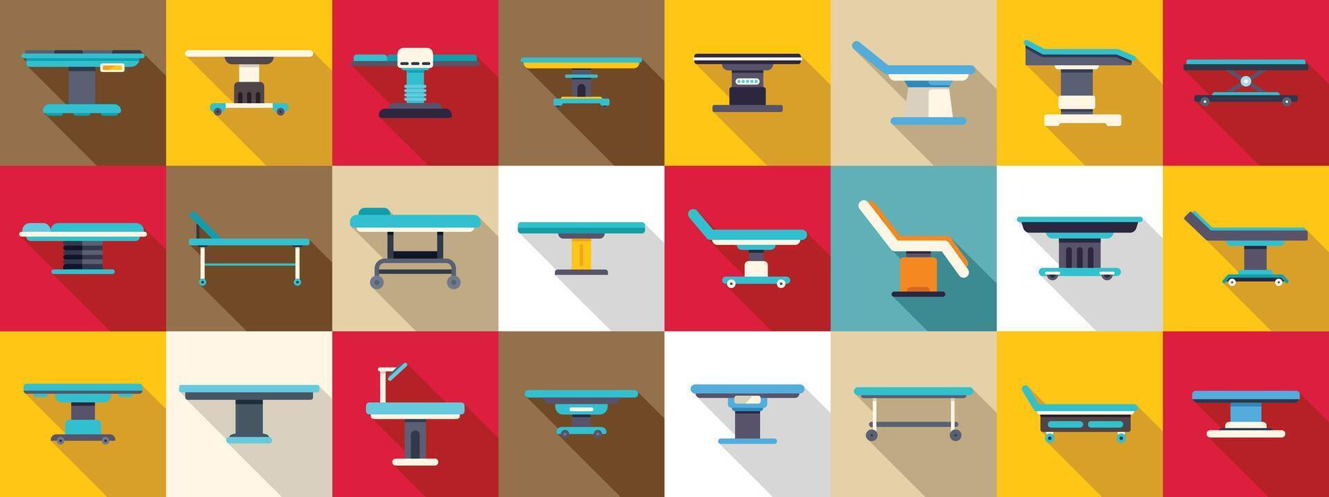 Medical operating table icons set. Medical stretchers and operating tables enhancing healthcare efficiency vector