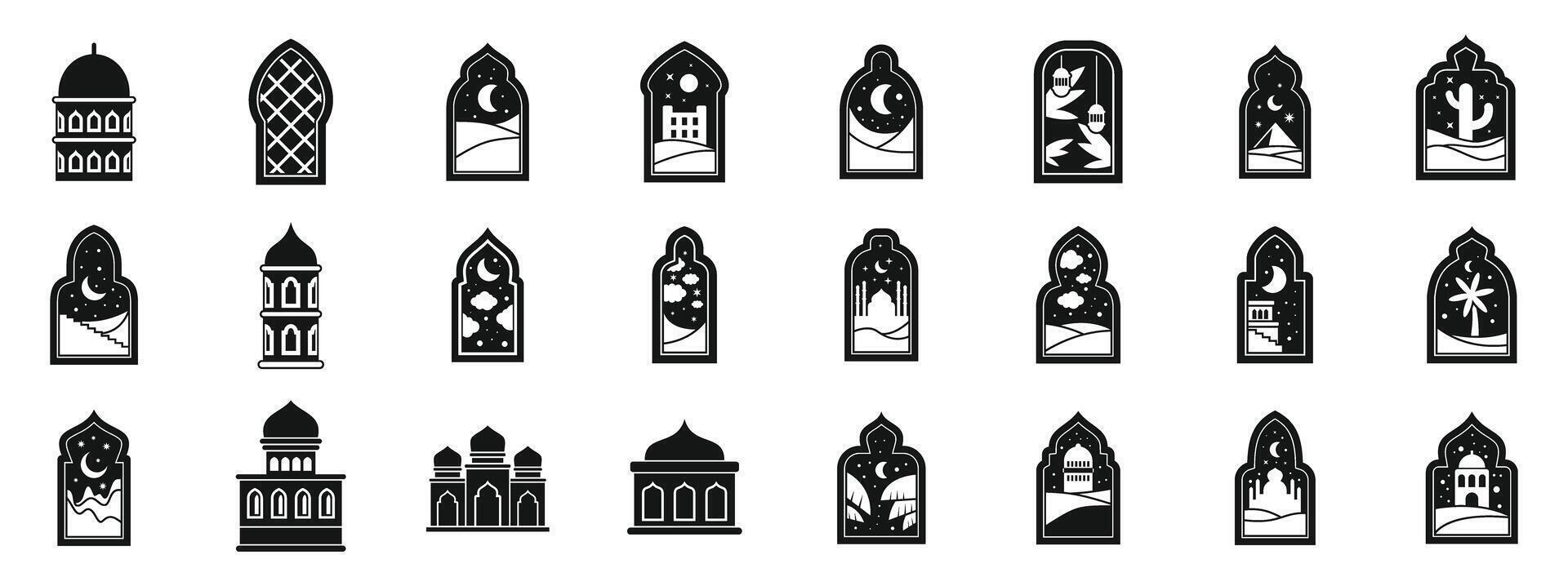 Arch window mosque muslim building icons set. Arabian nights, exploring islamic architecture and desert landscapes through ornate windows vector