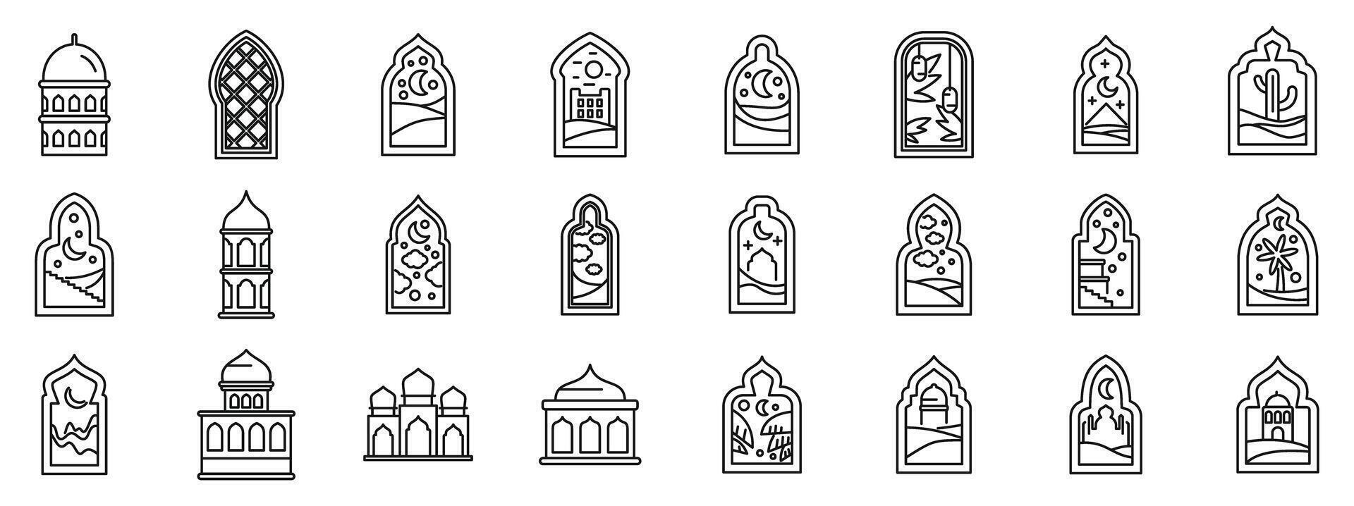 Arch window mosque muslim building icons set. Arabian nights, exploring islamic architecture and culture through ornate windows and mosque designs vector