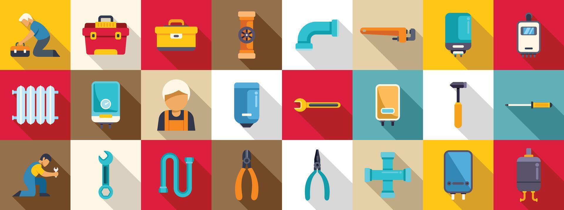 Fix heater pipeline icons set. Plumbing service icons showing repairing, maintaining, installing pipes and heating systems vector