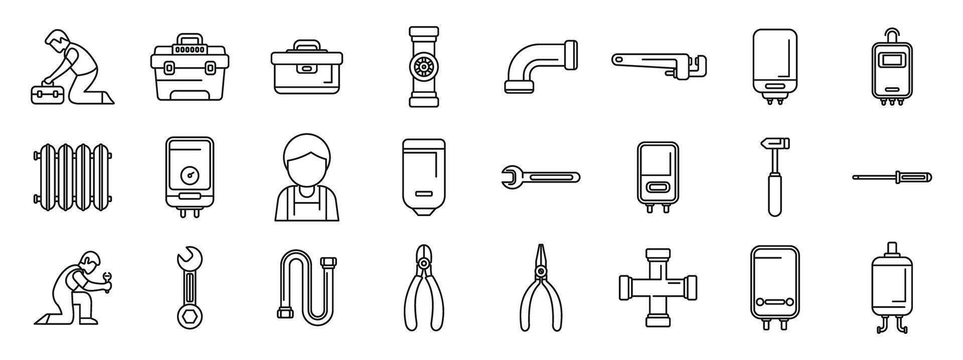 Fix heater pipeline icons set. Plumbing service icons featuring plumbers, tools, pipes, and boiler, ensuring efficient water and heating systems vector