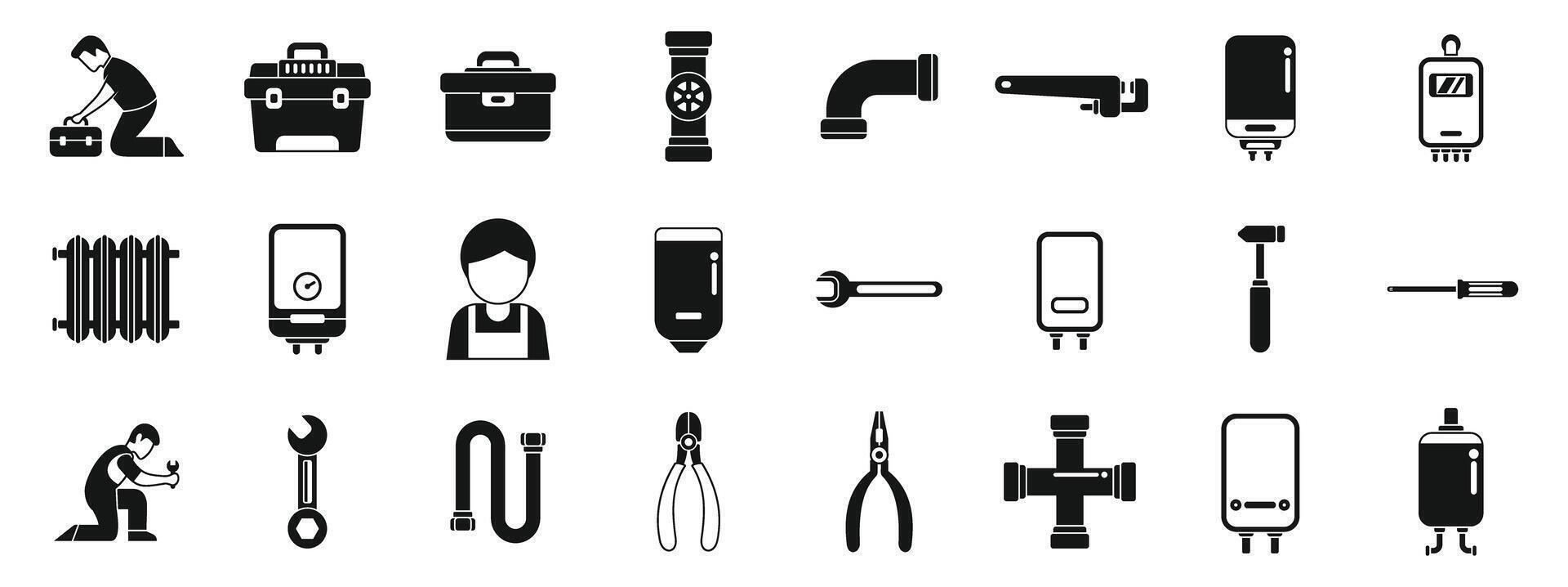 Fix heater pipeline icons set. Plumber fixing pipes and maintaining heating systems with professional tools vector