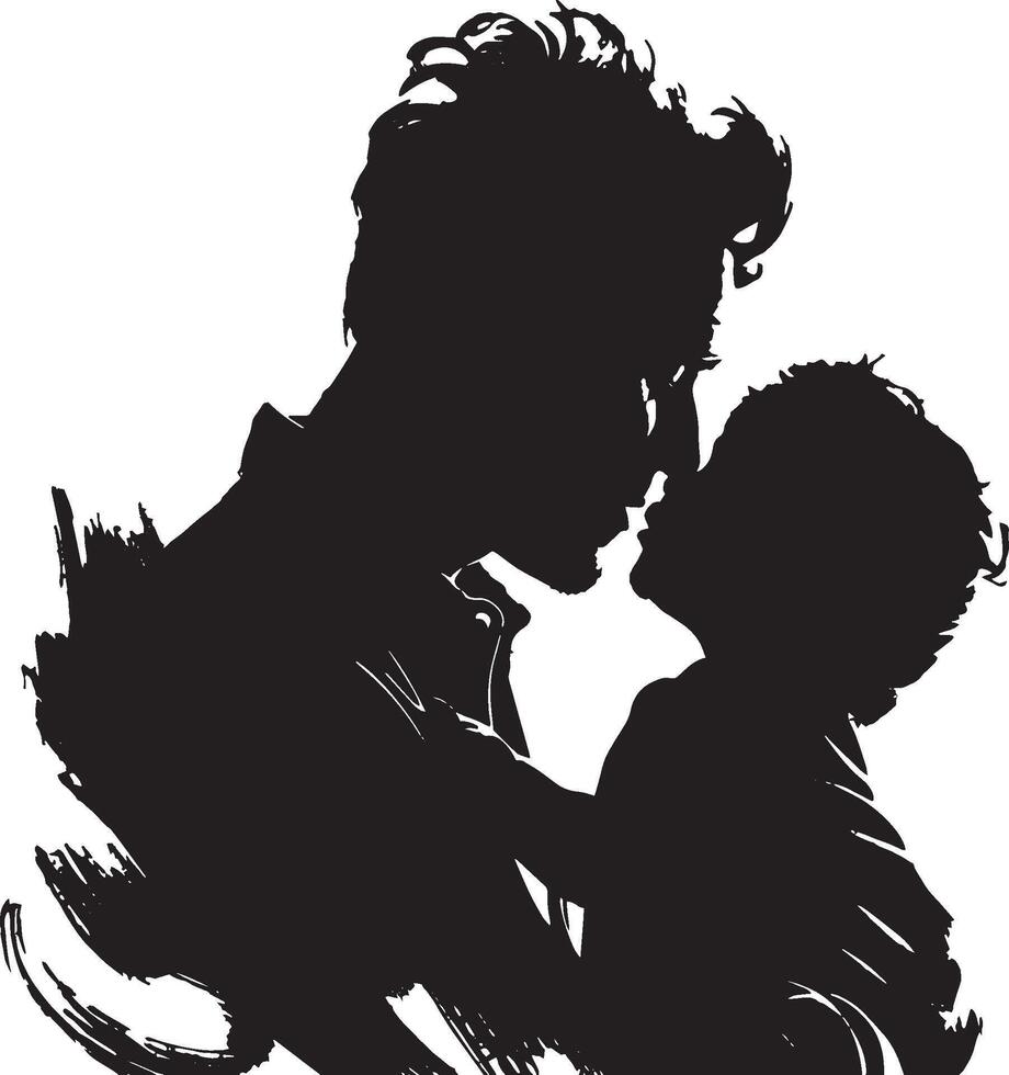 Silhouette of a father holding his child closely, capturing a heartwarming moment of love, care, and connection. vector