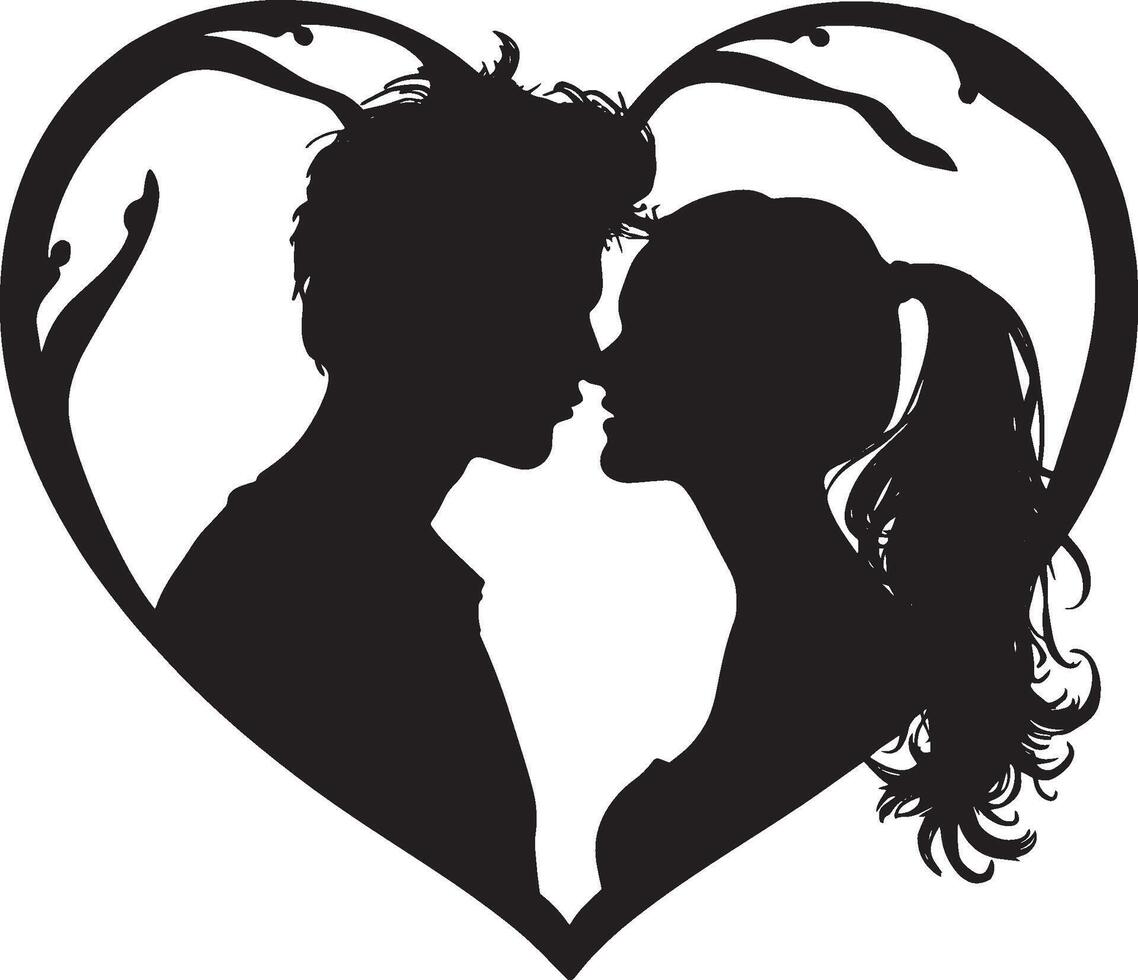 A romantic silhouette of a couple gazing into each other's eyes, enclosed in a heart frame, symbolizing love and intimacy. vector