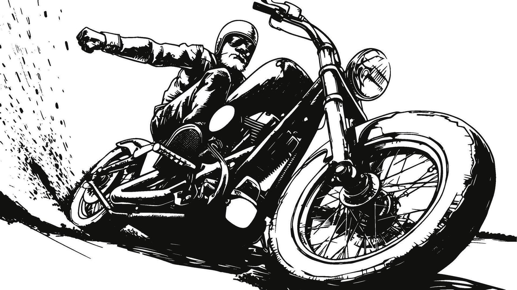 A black and white drawing of a man riding a motorcycle vector