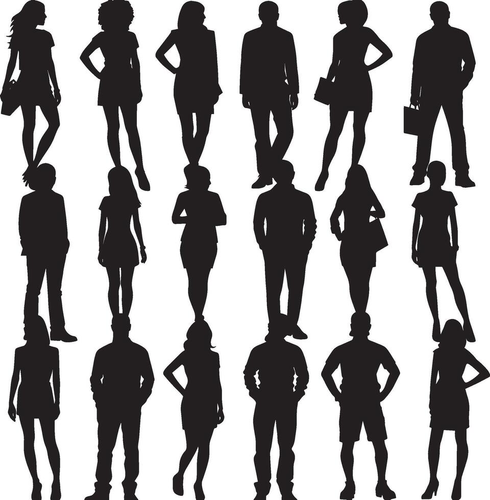 Silhouettes of a group of individuals standing in rows, symbolizing diversity, individuality, and community in a modern context. vector