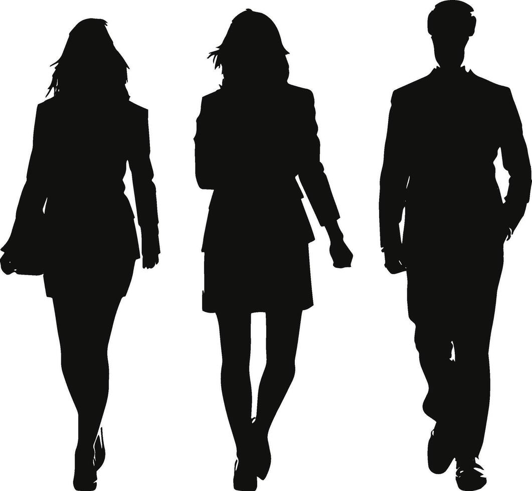 Silhouette of two women and one man walking confidently, symbolizing professionalism, ambition, and workplace success. vector