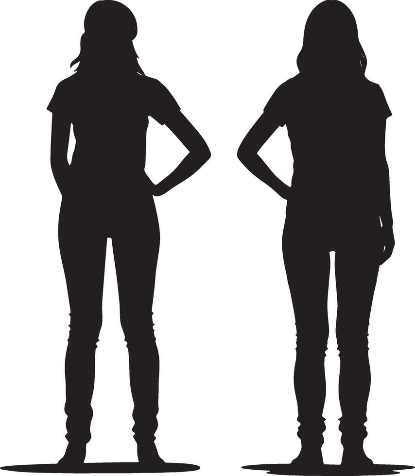 Silhouette of two women standing with relaxed postures, symbolizing confidence, friendship, and casual style. vector