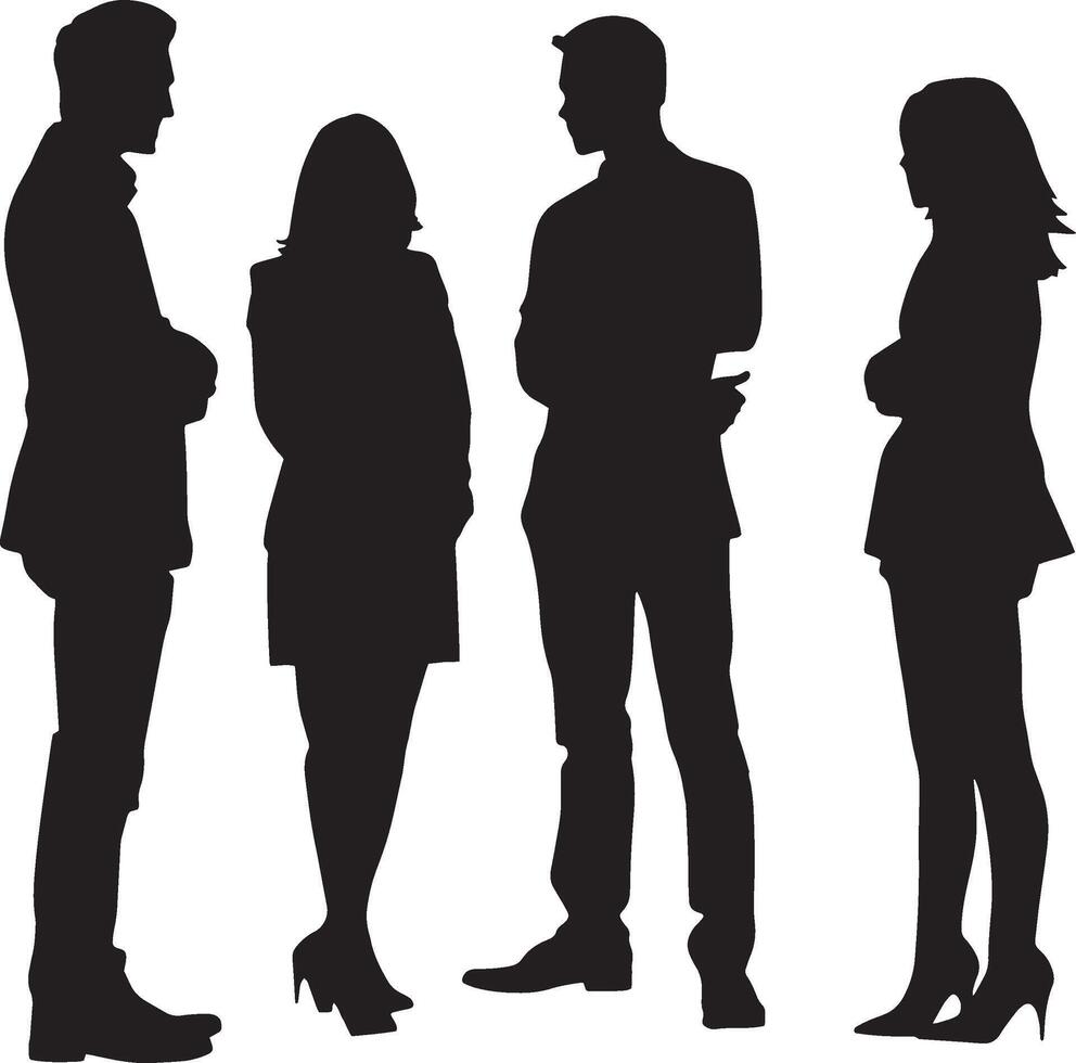 Silhouettes of two men and two women engaged in conversation, representing teamwork, collaboration, and professionalism in the workplace. vector