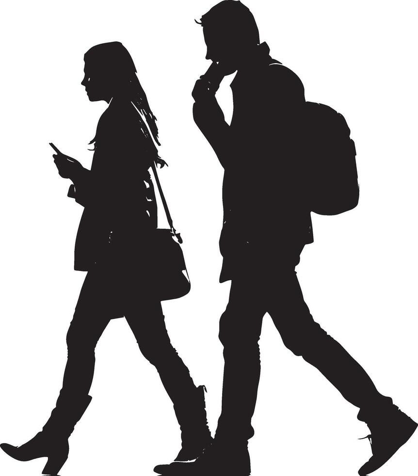 Silhouette of a couple walking with a cell phone vector