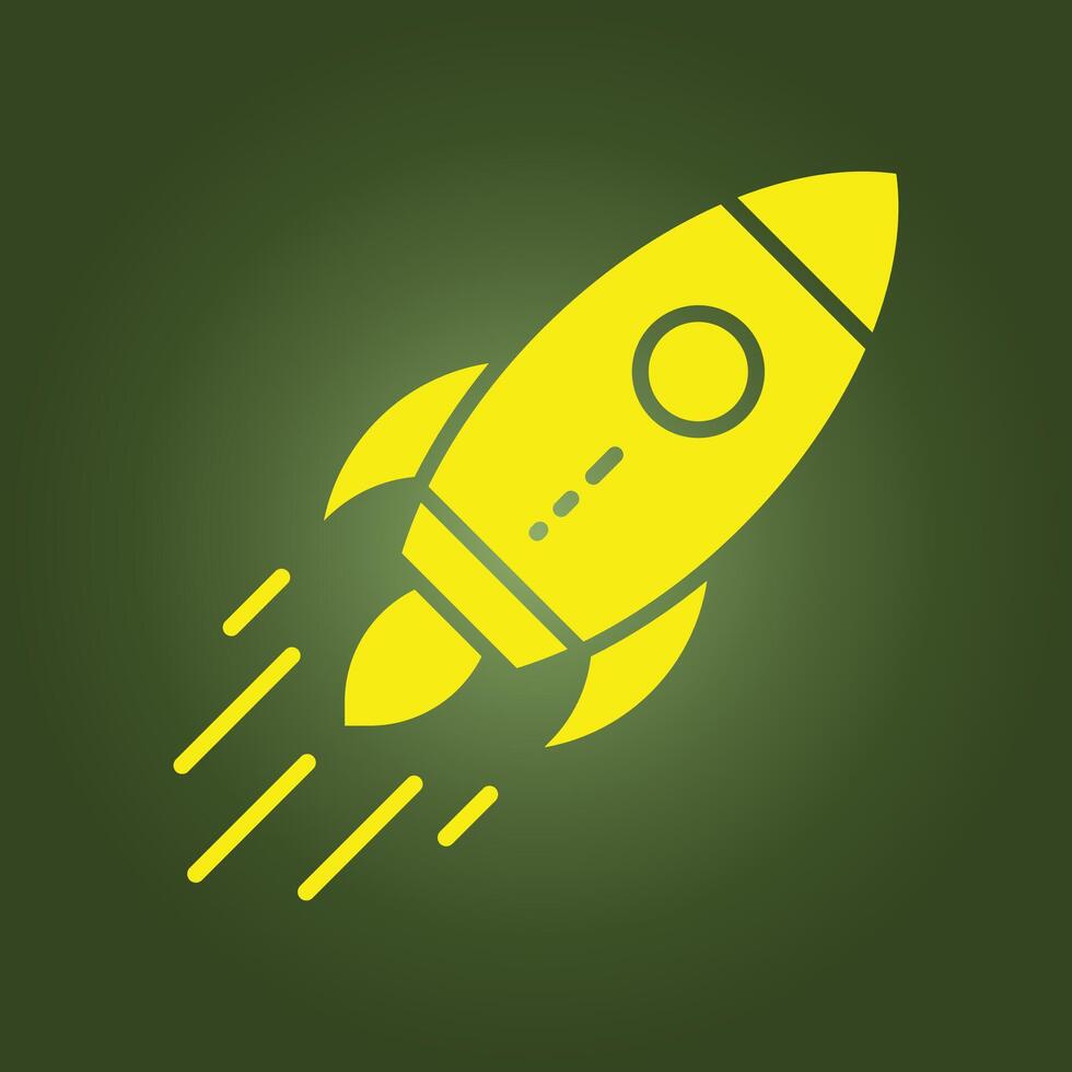 A yellow rocket ship icon on a green background vector