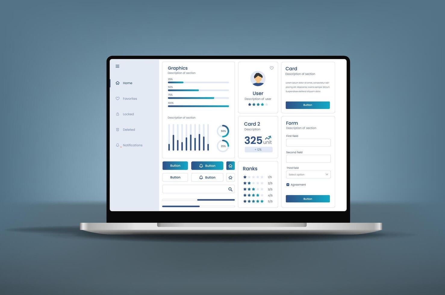 Realistic Laptop and user interface. UX UI design. Dashboard usability on electronic devices. Charts and tables for data management and monitoring. vector