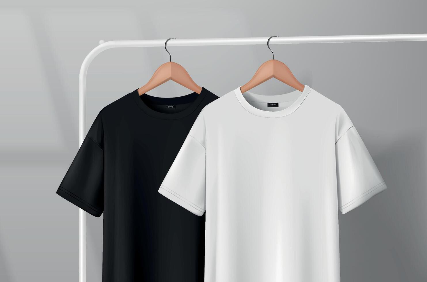t-shirts hanging on a clothes rack in a studio on a wooden hanger. vector