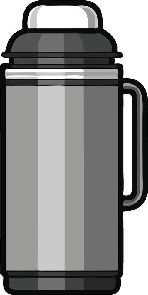A gray, illustration of a thermos with a black handle vector