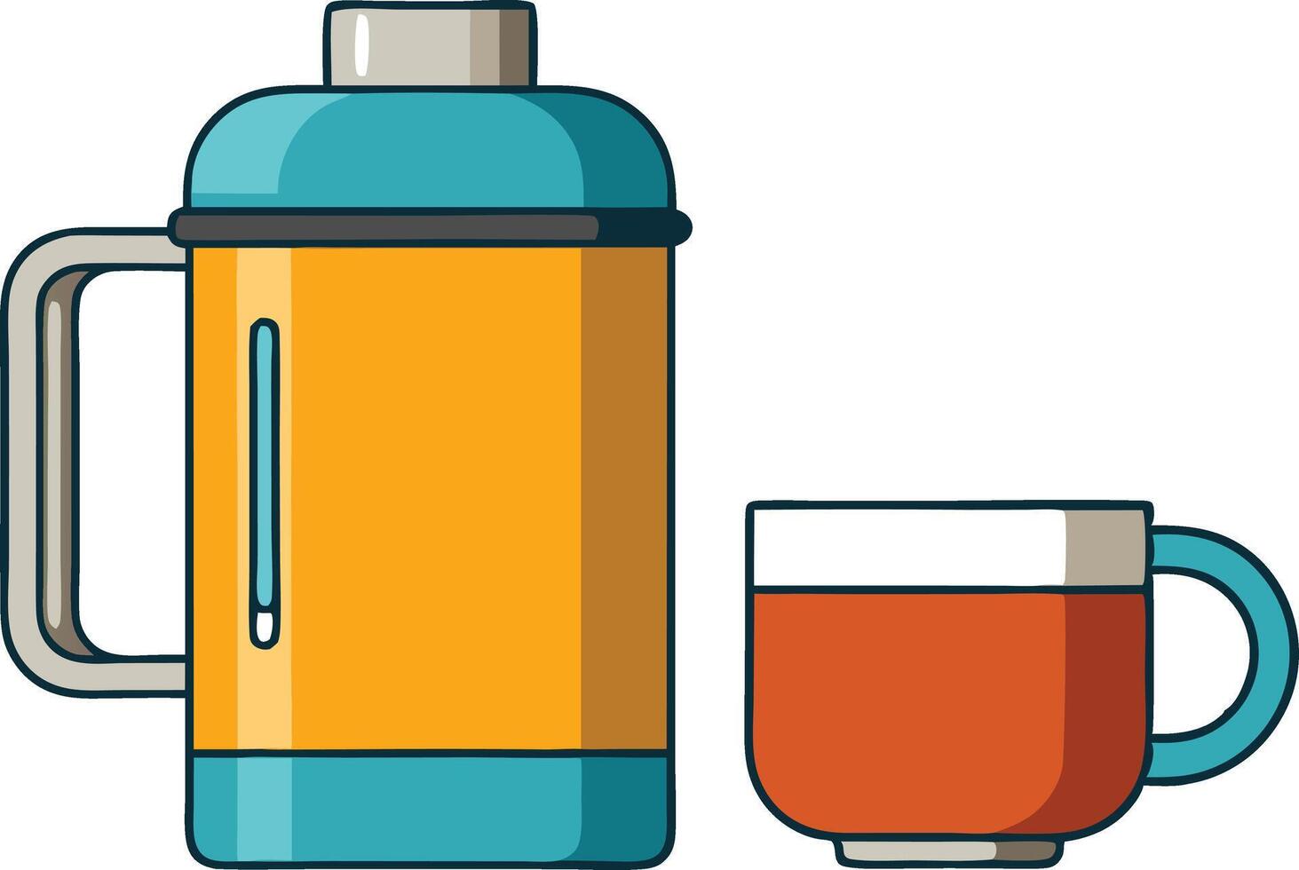 A yellow thermos with a blue lid and handle sits beside a cup of hot tea vector