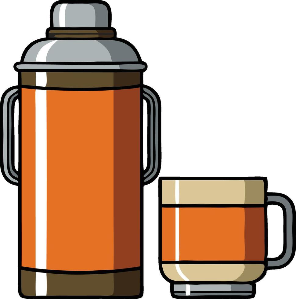 A illustration of an orange thermos with a silver lid and a matching mug vector