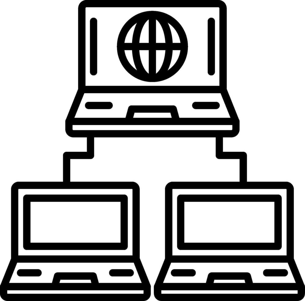 A black and white illustration of two laptops connected to a globe vector