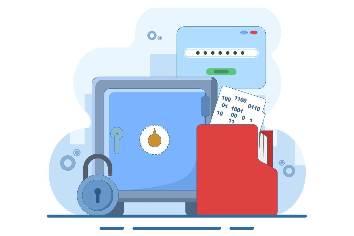 Concept of data encryption vault with password, encryption of personal data on internet resources. technology to protect privacy data. flat illustration on background. vector