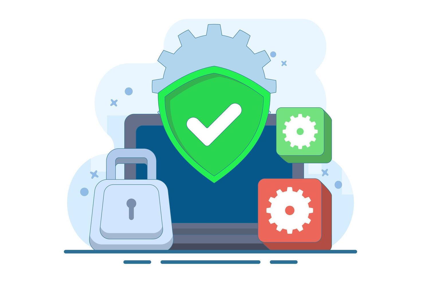 Computer security concept, Device security, PC protected with lock and shield, Firewall protection concept, Privacy access, Personal data, Secure system, Flat illustration template. vector