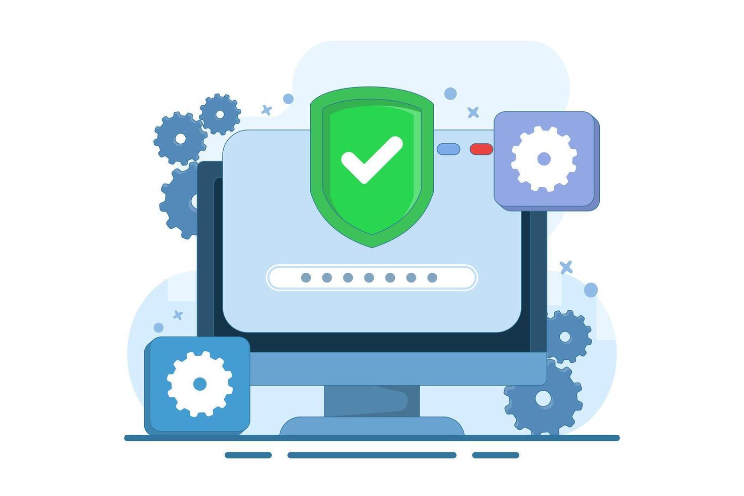 Computer security concept, Device security, Secure system, PC protected with lock and shield, Firewall protection, Privacy access, Personal data, flat illustration. vector