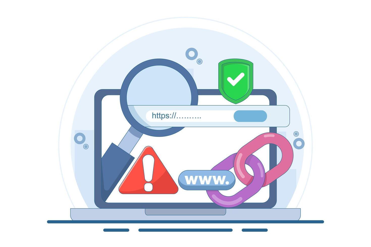 concept of protection system from malicious links. dangerous and suspicious url addresses. unsafe website addresses. chain with shield and warning signs. vector