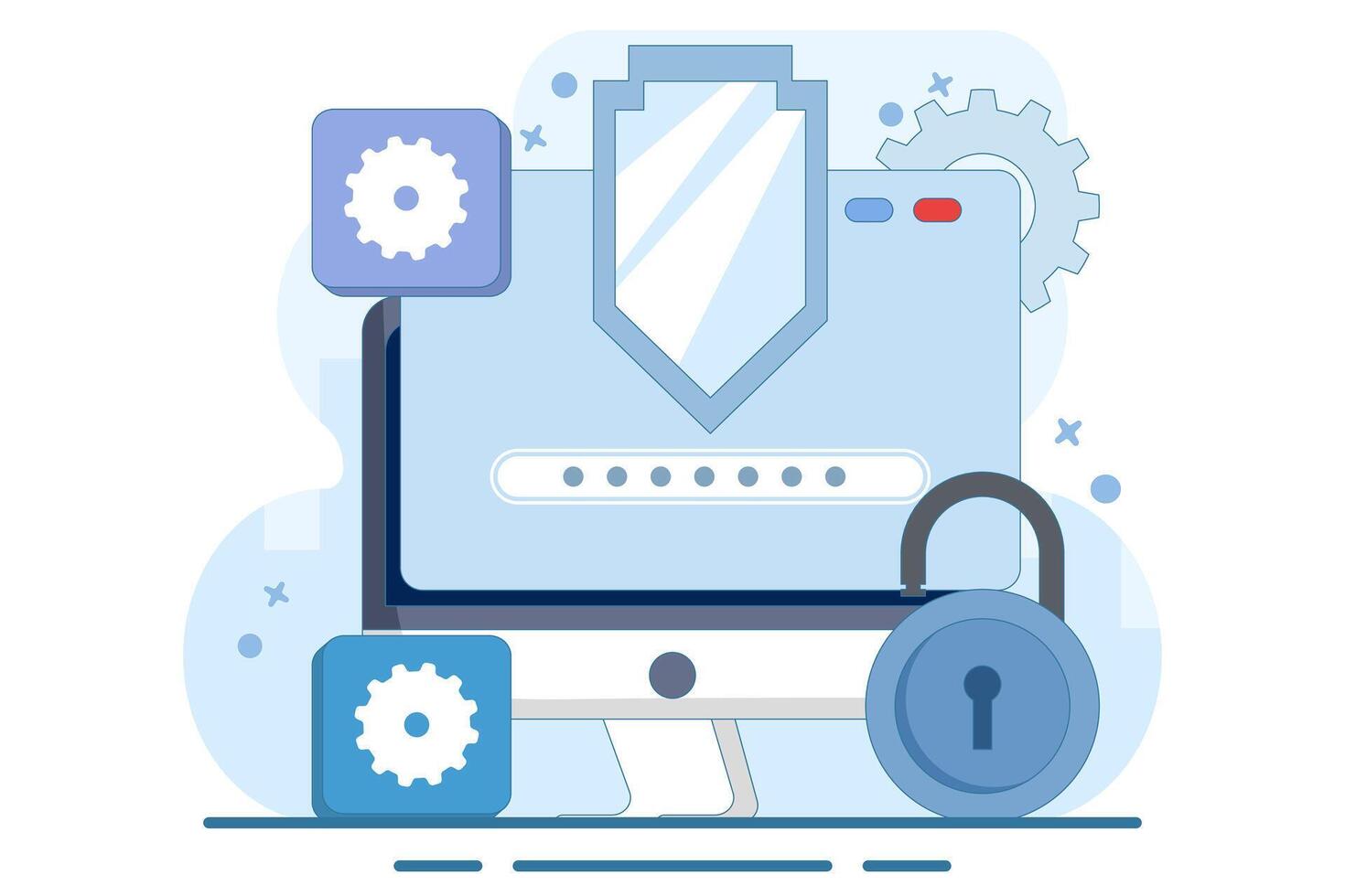 Computer security concepts, Device security, PC protected with locks and shields, Firewall protection, Access privacy, Personal data, Secure systems. vector