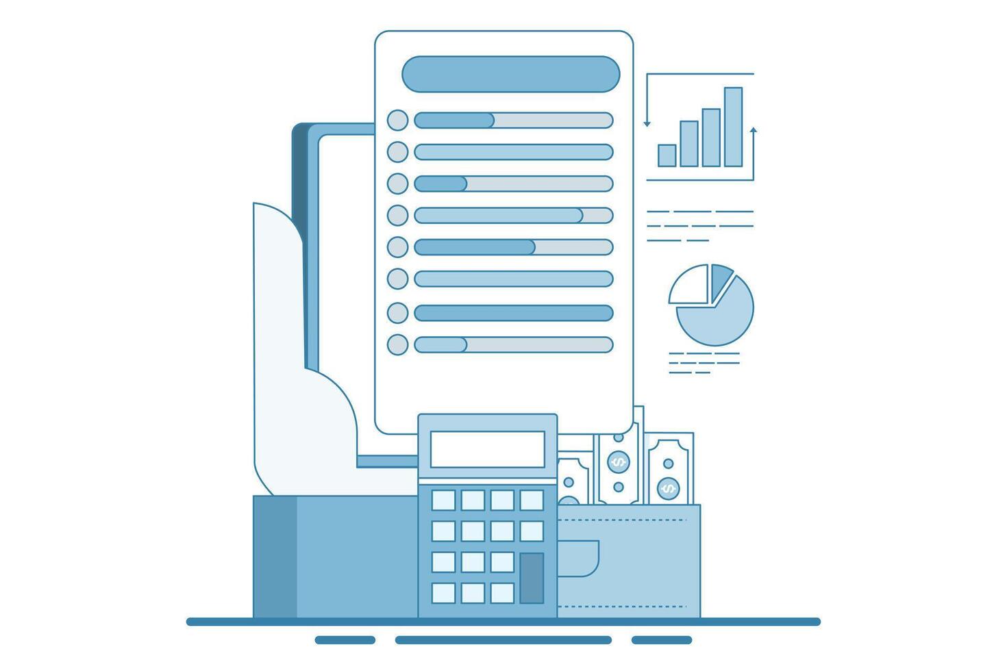 Budget tracker via device, Budgeting app manages finances by tracking income, designed to help with expenses, for websites, homepages, landing pages, templates. vector