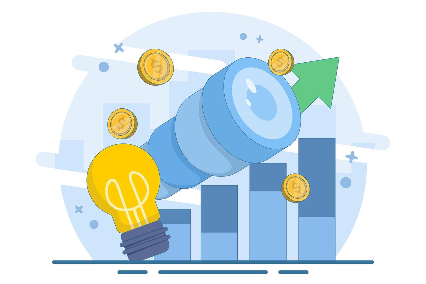 business opportunity concept. vision and future. seeking profit and money. a visionary seeks opportunities and chances to succeed using a telescope. flat illustration on background. vector