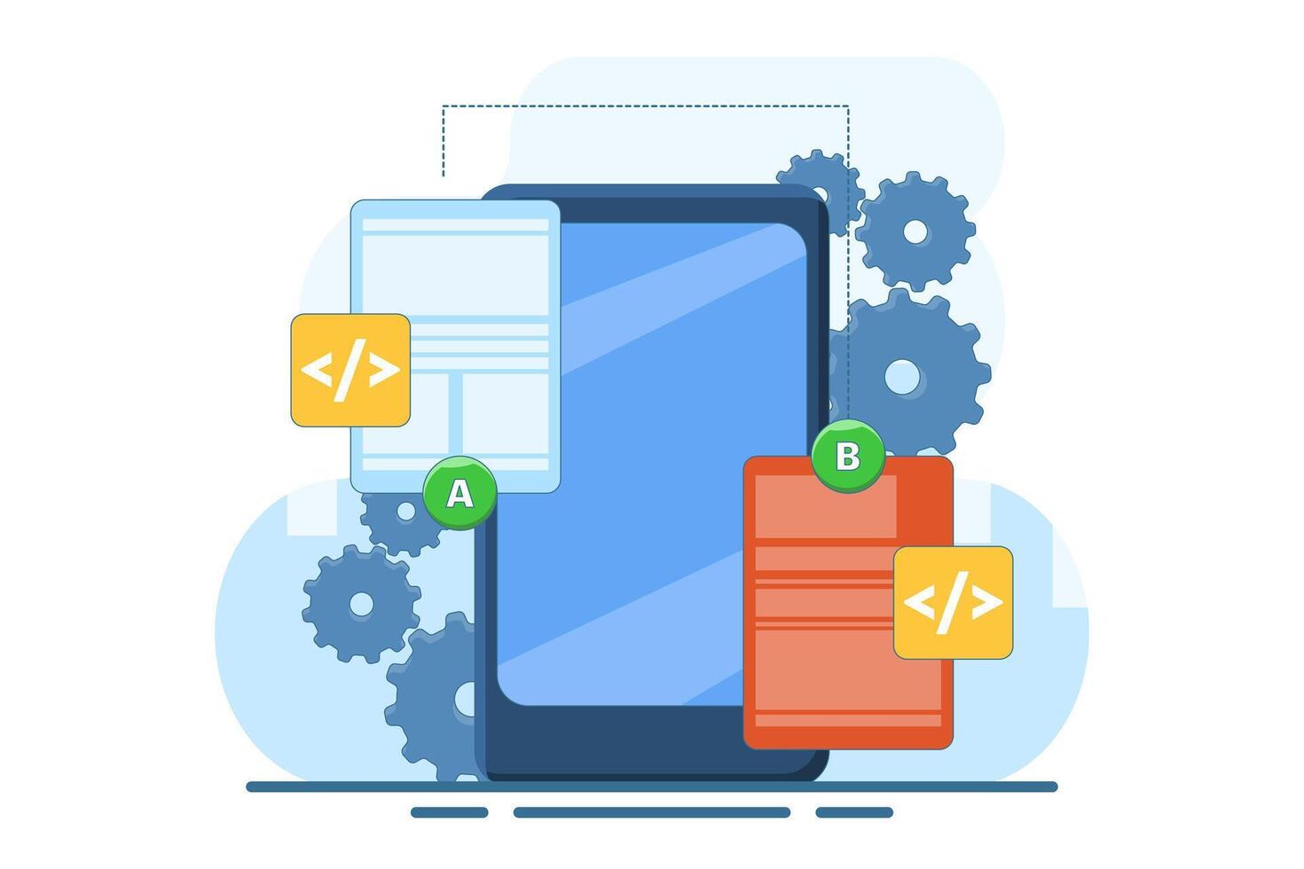 AB testing concept, comparing test results between 2 website design pages, Comparison of separate wireframe applications on smart device display. vector