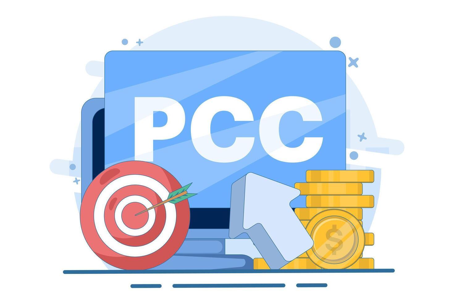 pay per click concept, paid advertising campaign, PPC, Promoting a brand to an audience, a marketing campaign that pays for online advertising to attract users to visit a website. flat illustration. vector
