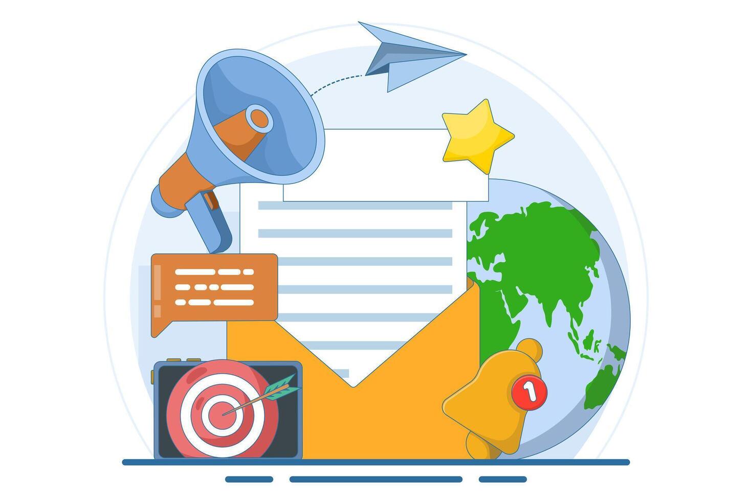 Concept of email marketing, social media marketing, business letters, subscriptions, digital marketing, e-commerce, commercial mailing list marketing, business newsletter subscriptions. vector