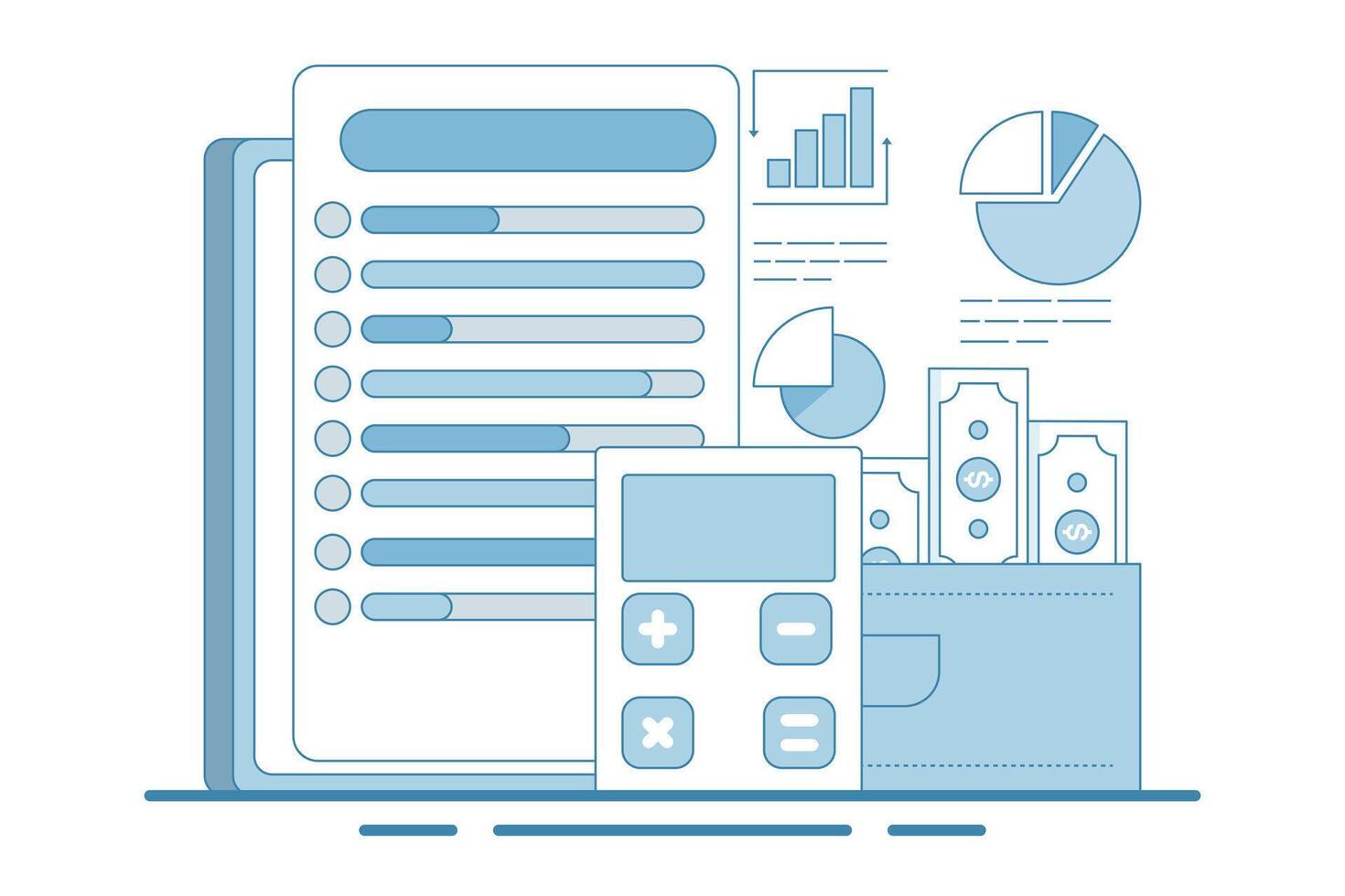 Budget Tracker Concept via device, Budgeting app manages finances by tracking income, designed to help with expenses, for websites, homepages, landing pages, templates, banners in flat style. vector