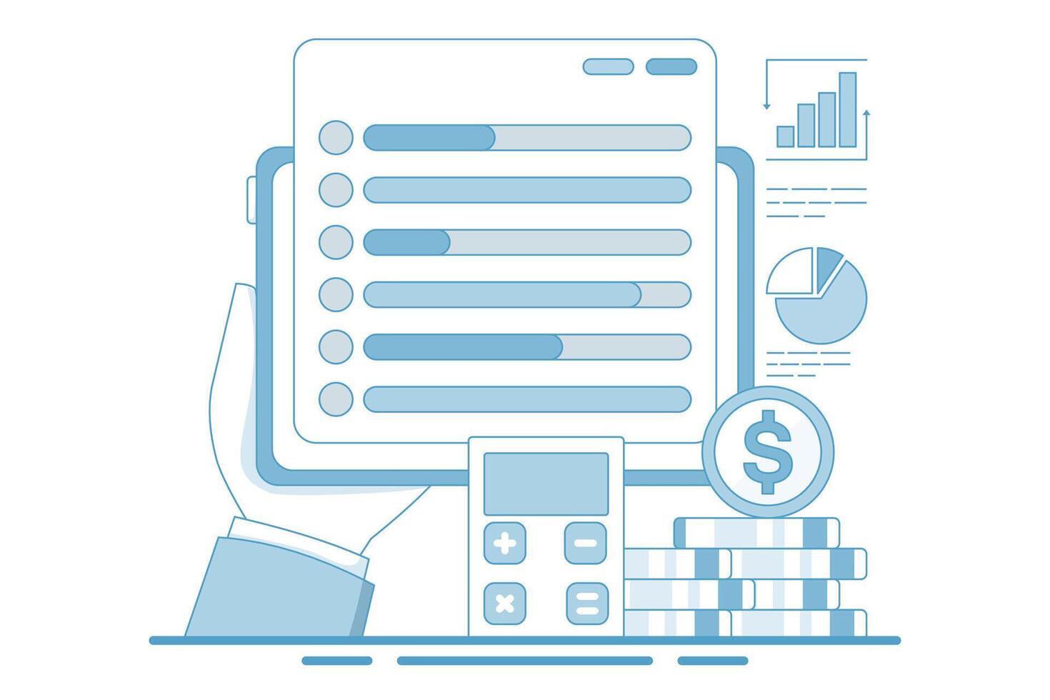 Budget tracker via device, Budgeting app manage finance by tracking income, designed to help spending, for website, homepage, landing page, template, banner in modern flat style. vector
