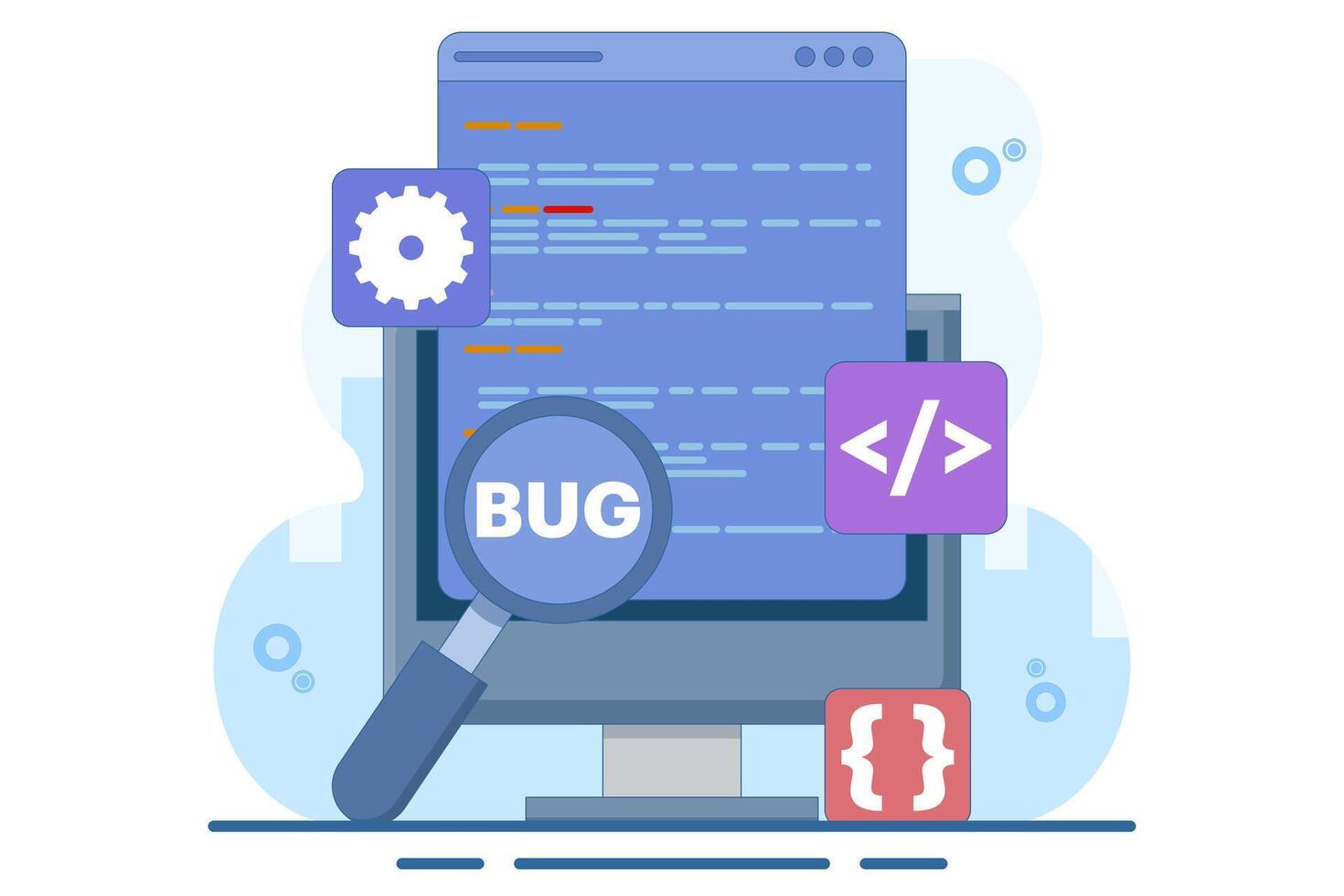 Bug Report Concept, bug magnifier on campaign software data. Computer bug detection. Bug error notification. System error alert. Testing software. Illustration. vector