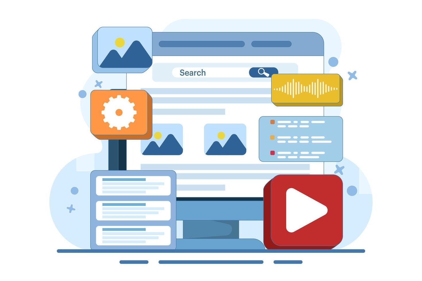 Concept of Search Engine results displayed in web browsers, Search engine optimization, SEO Strategy High search engine rankings that drive target audience to website, Content marketing. vector