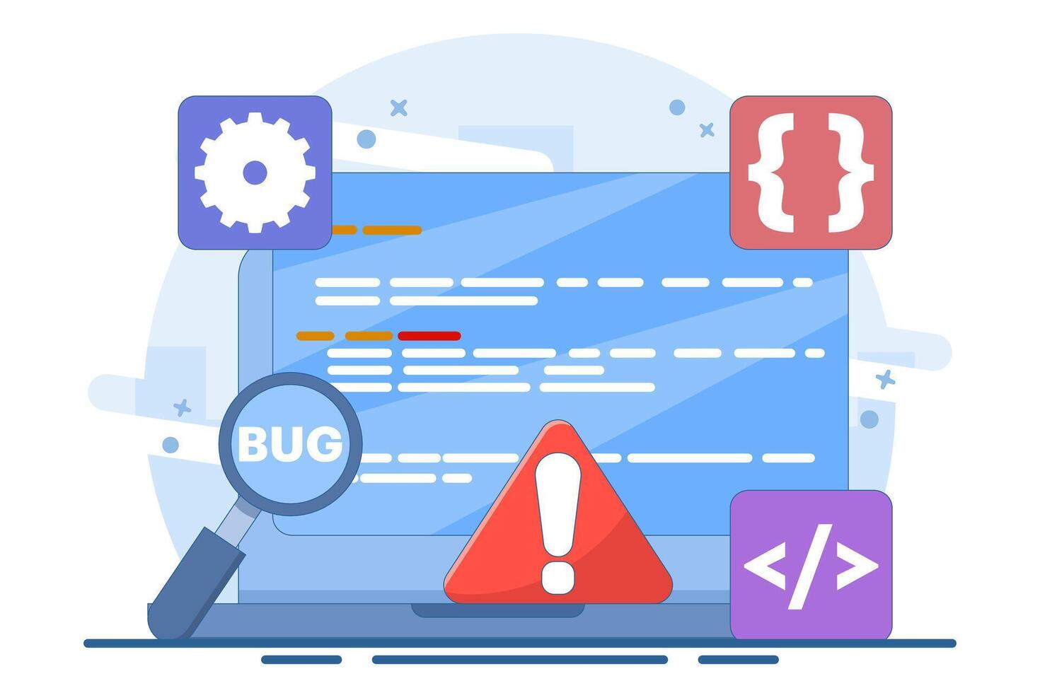 Bug Report Concept, bug magnifier on data software campaign. Computer bug detection. Bug error notification. System error alert. Testing software. Magnifier looking for malware. Flat illustration. vector