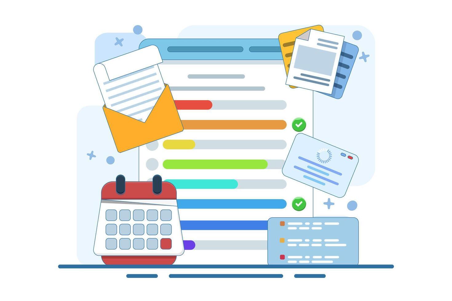 Task dashboard concept on laptop with calendar clipboard checklist. email campaign, social media marketing. Project management, work deadline concept. flat illustration. vector