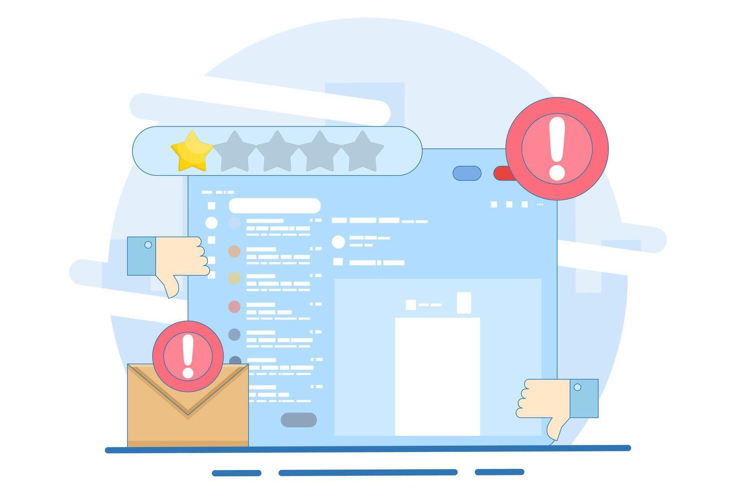 Bad review and rating email concept. Customer, buyer, client satisfaction. Customer is dissatisfied and gives 1 star rating. Giving one star because of dissatisfaction and disappointment. vector