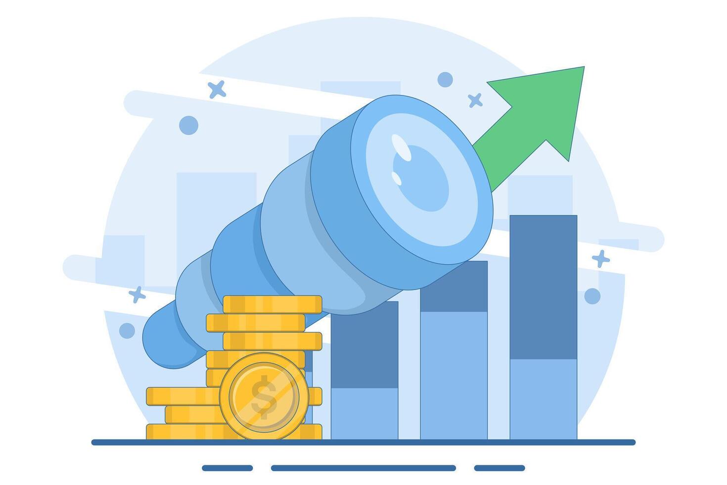 business opportunity concept. vision and future. seeking profit and money. visionary seeking opportunity and chance to succeed using telescope. flat illustration. vector