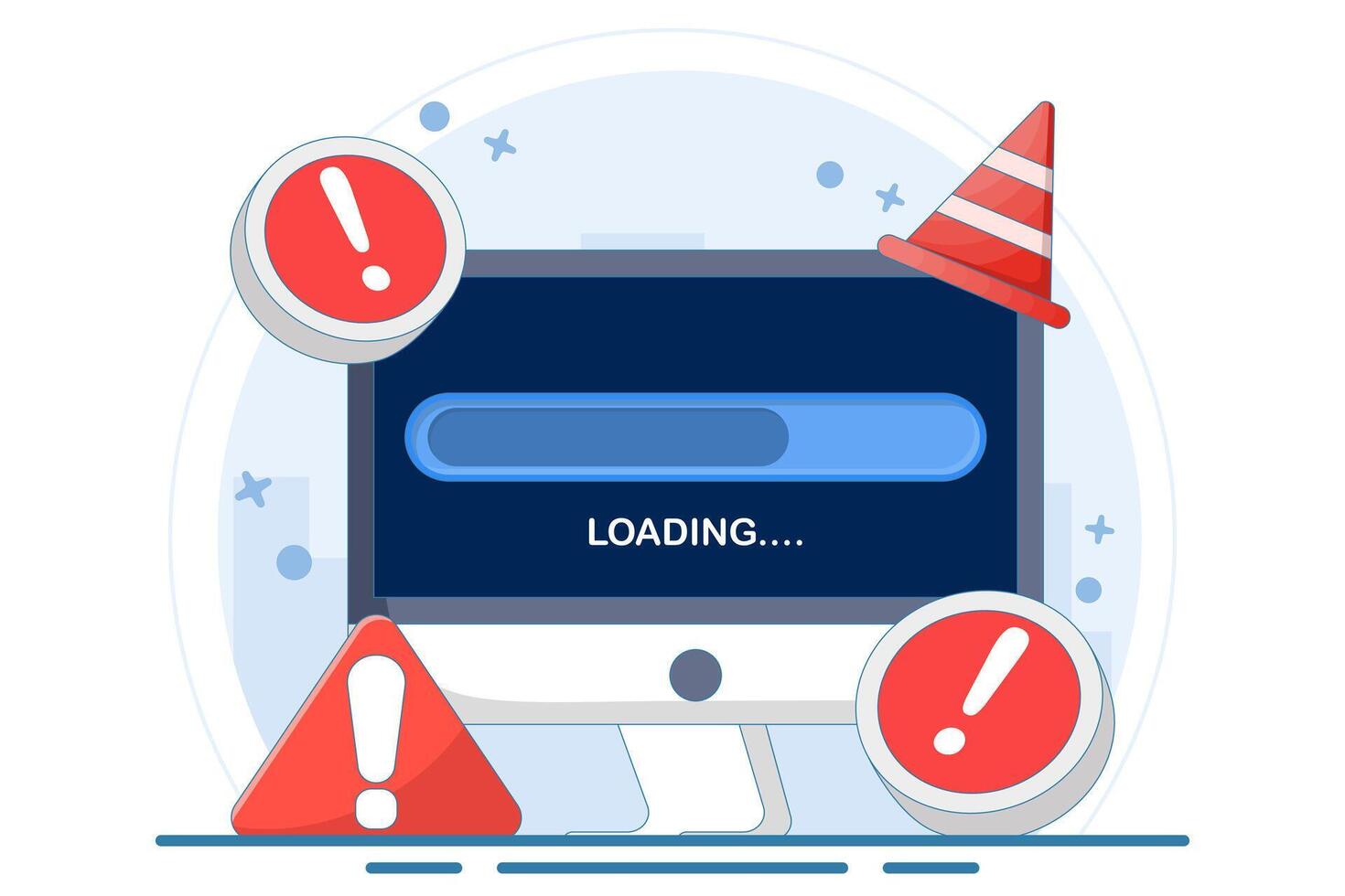 Failed process concept. failed installation and update process of a program or system. unsuccessful and error with cross with loading bar. symbol or icon. flat illustration. vector