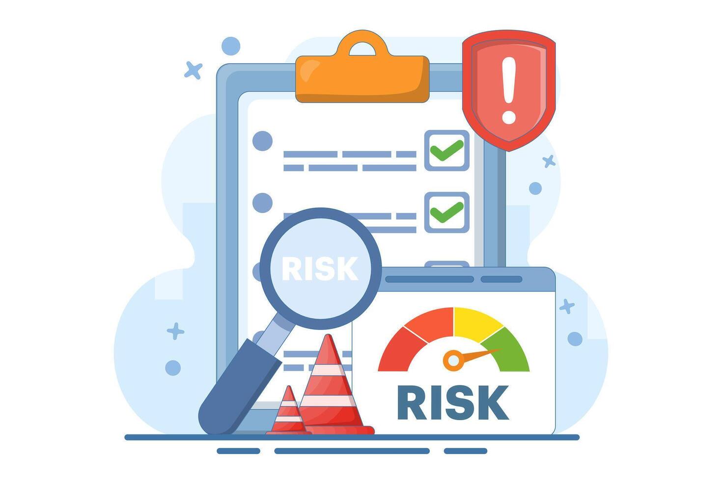 risk assessment concept with speedometer, Risk management. crisis management. analyzing speedometer data, solving problems, creating recovery strategies. illustration. vector