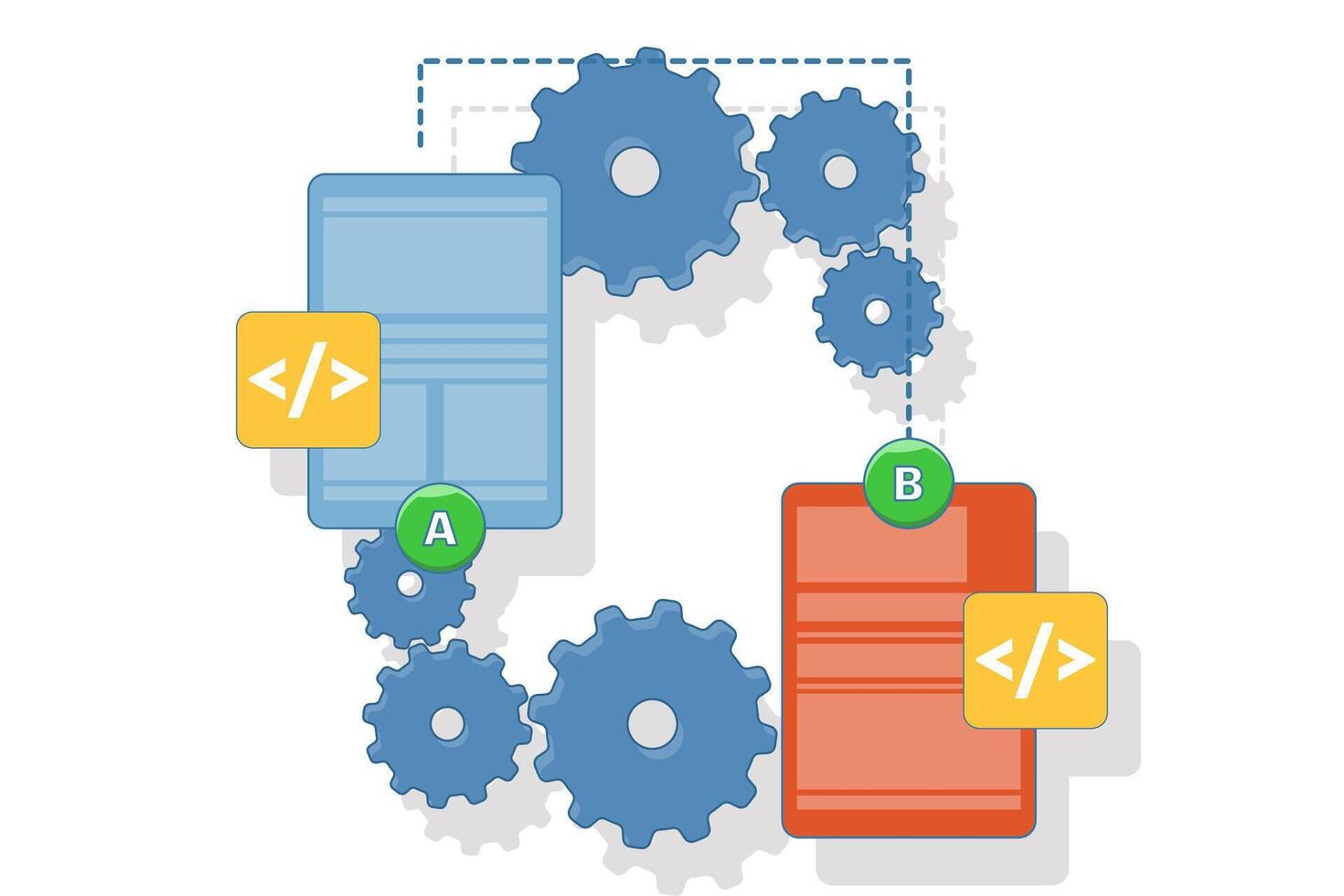 AB testing concept, Comparison of separate wireframe applications on smart device displays, comparing test results between 2 website design pages. vector