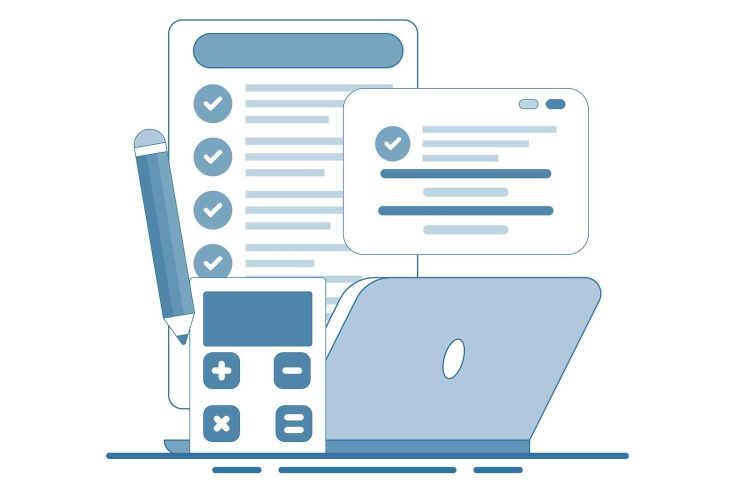 Budget bookkeeping concept. Document. Accounting debit and credit, billing and income tax calculation. Financial management concept. Flat illustration on background. vector