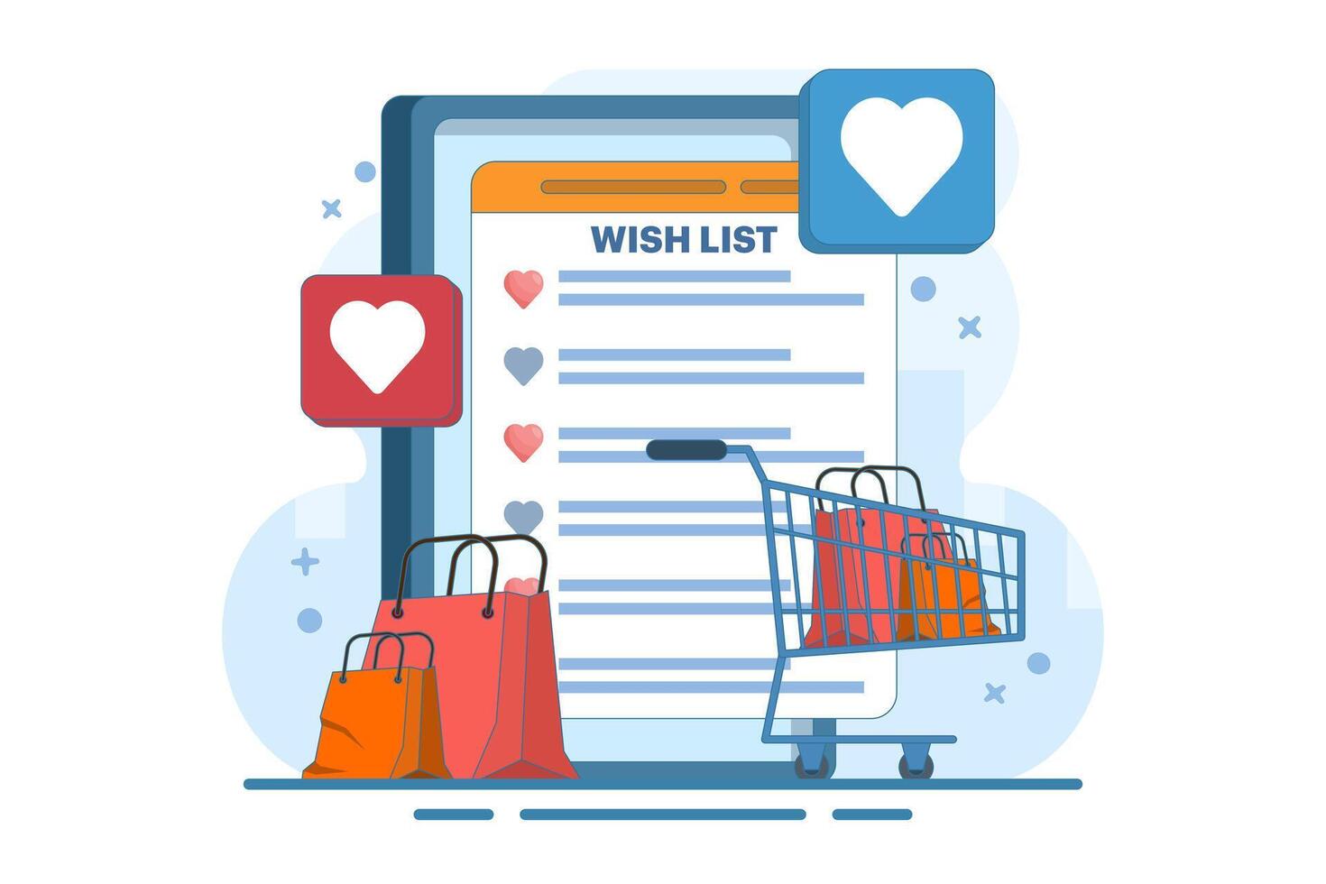 shopping wish list concept, online product wish list, gift and shopping list, my order list, add to cart, products in stock, retail store, e-commerce website. vector