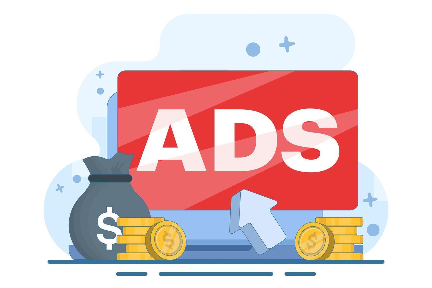 The concept of paid advertising is to display ads on websites that generate revenue, promote brands. internet marketing, pay per click, PPC, advertising or commercial advertising. vector